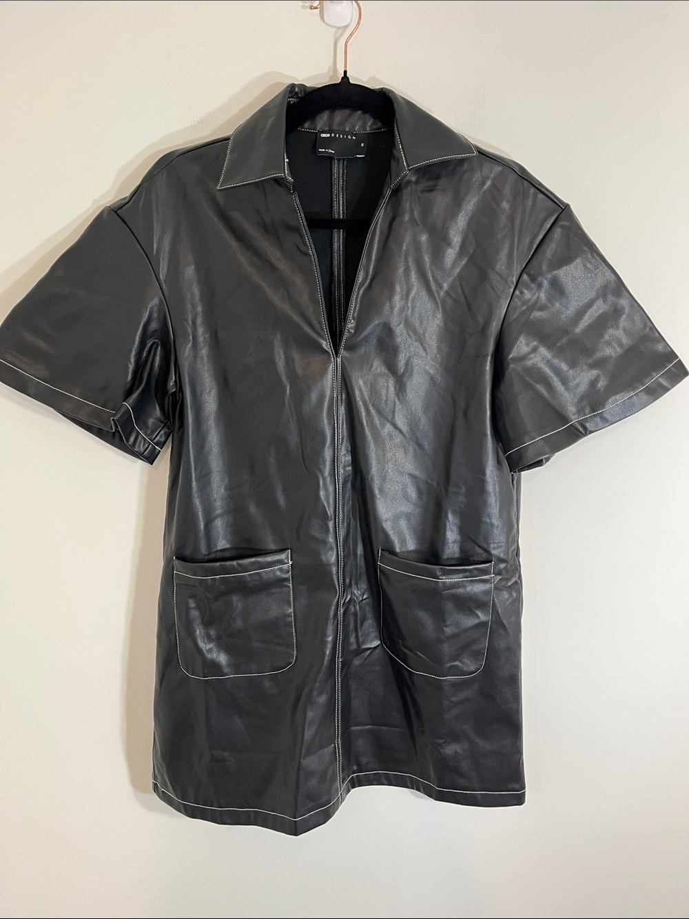ASOS DESIGN Revere Collar PU Leather Look Mini Shirt Dress Contrast stitching XS